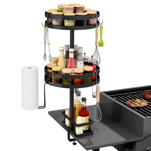 Uhqzazpuf Grill Caddy with Clamp For Coleman NXT 300 2013-2018, Outdoor BBQ Spice Storage Rack, Detachable Countertop Seasoning Organizer with Paper Towel Holder
