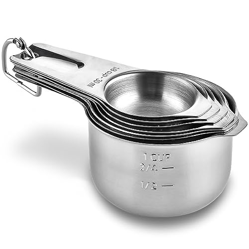 Juego de 7 tazas medidoras de acero inoxidable | Cucharas medidoras apilables con lazo para cocinar, hornear, ingredientes líquidos y secos, 30 ml – 240 ml