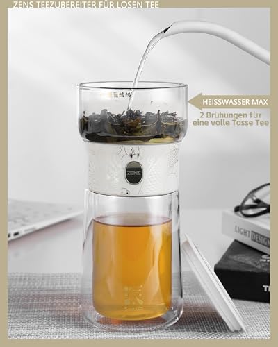 ZENS Modern Teekanne Glas mit Sieb, One-Touch Teezubereiter für Losen Tee mit Isolieren Becher, Magic Tea Pot for Tee Zubereitung mit Portable Tragetasche, Cooles Drachen-Muster, weiß
