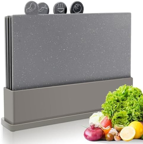 Myiosus Schneidebrett kunststoff, 4-teiligs Schneidebretter Set mit Ständer, BPA Frei, kratzfeste Cutting Board, Spülmaschinenfest Frühstücksbrettchen, Index Küchenbrett für Fleisch Gemüse Obst