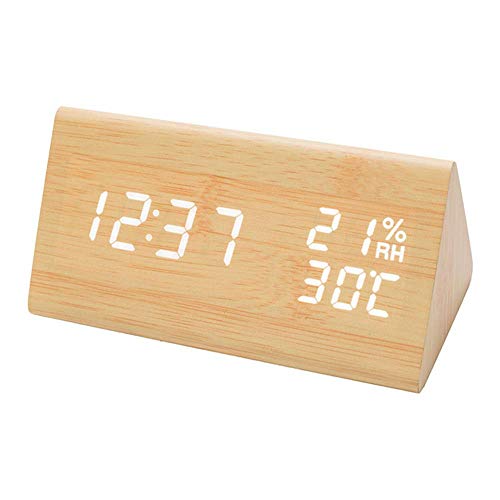 DAXGD Digitale wekker met led-display, 3 alarminstellingen voor vochtigheid en temperatuur, elektrische horloges van hout voor slaapkamer, nachtkastje