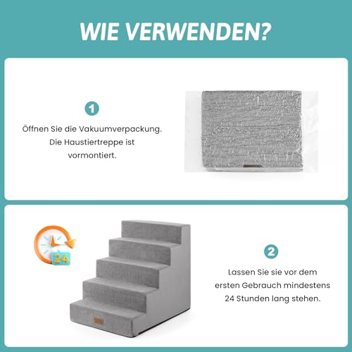 COZY KISS Hundetreppe für Kleine Hunde, 5 Stufen Breiter Haustiertreppe für Bett Couch Auto, 60cm Hoch Hochdichtem Schaumstoff Katzentreppe mit Abnehmbarem Bezug (Grau, 75x50x60cm, 5)