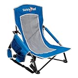 SunnyFeel Silla plegable de camping de playa baja, sillas portátiles de mochilero con respaldo de malla, portavasos, concierto, césped de arena (azul)