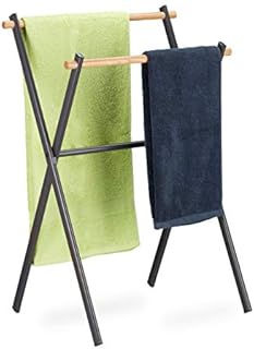 Relaxdays Towel Rack Freestanding, 2 Bars for Airing, for Bathroom, Steel & Wood, HxWxD: 85 x 59 x 45 cm, Anthracite, 80% steel 20% wood