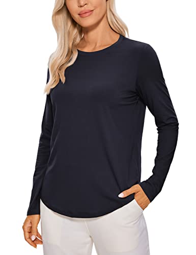 CRZ YOGA Pima Cotton Workout Long Sleeve Shirts for Women Athletic Lightweight Yoga Tops Casual Plain T-Shirt Navy Small