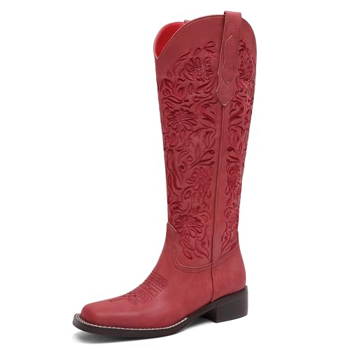 Women's Embroidered Cowboy Boots Knee High Cowgirl Riding Boots Low Block Heel Comfortable Pull On Western Square Toe Tall Boots