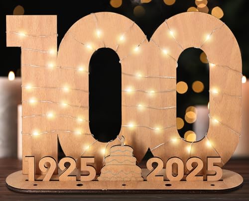 Giftota 2025 100 Anni Libro Degli Ospiti in Legno per Uomo e Donna - 100 Anni Regali Creativi in Denaro - Regalo di Compleanno in Legno per il 100° Anniversario con Luci LED - DIY Decorazioni in Legno