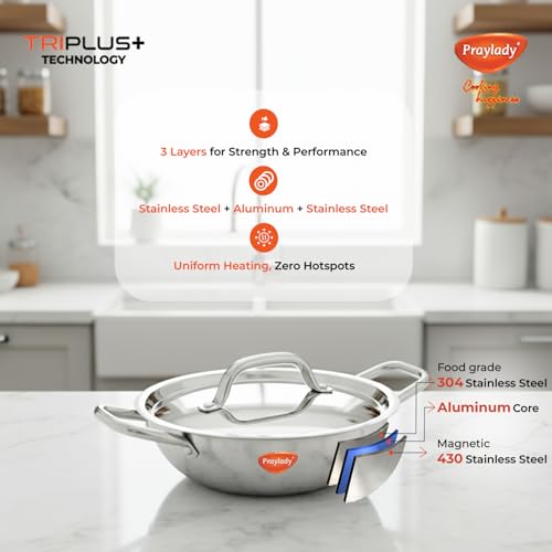 Image of Praylady Triplus Aura 3-Piece Tri-Ply Stainless Steel Cookware Gift Set - 20cm Kadai, 20cm-1.7ltr | Frying Pan with Common Lid | Naturally Non-Stick, Superior Heat Distribution, Elegant Gift Choice