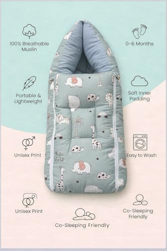 Image of VoiDrop 3 in 1 Baby Sleeping Bag /Baby Bedding Set for New Born, Baby Bed for New Born /Very Soft & Comfortable 0-12 Months /Foldable & Washable Cotton-Green Desgin