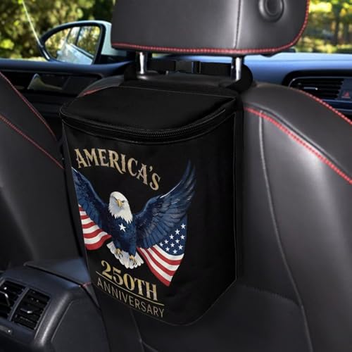 Image of USA 250 Print Car Trash Can Car Waste Basket with Lid Storage Pockets for Disposable Garbage Bag Multipurpose Collapsible Car Organizer for 4th of July