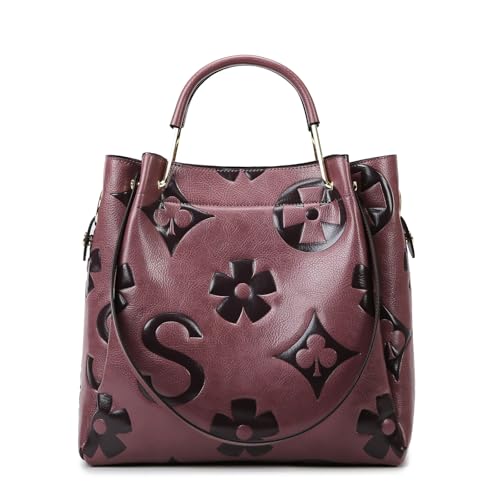 Image of Travistar Floral Handbags Purses Women - Embossed Vegan Leather Top Handle Handbag Set Large Shoulder Bag Ladies Bucket Tote