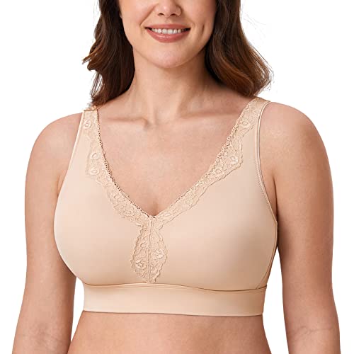 Aisilin Women's Wireless Bra Plus Size Full Coverage Seamless Unlined Comfort Beige 38E #TOP1