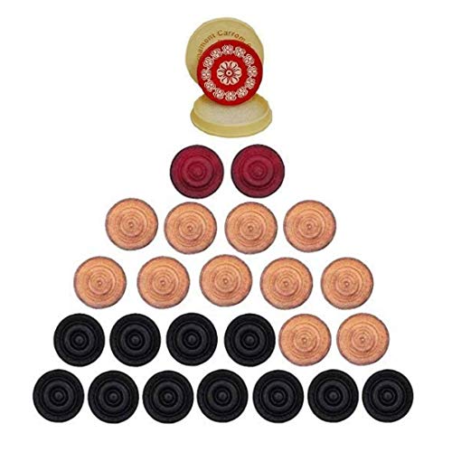 Carom Board Coins Wooden Solid Set and RED Tournament Striker with Fancy Case ( 24 Carrom Board Pieces with Cover/Striker + 1 Red Striker Random Design) â€“ White/Red/Black