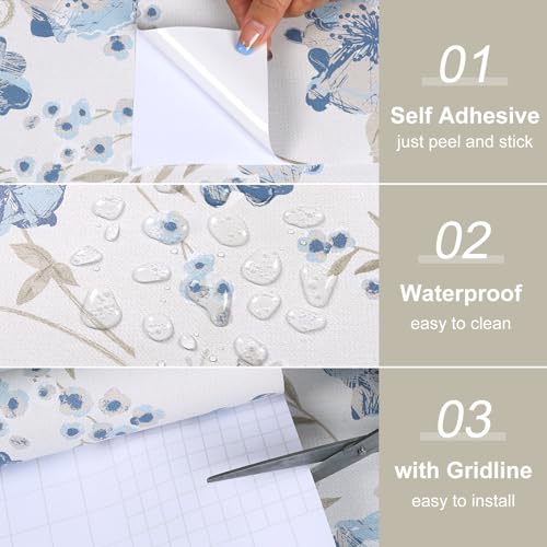 VaryFloral Boho Floral Wallpaper Neutral Farmhouse Blue Flower Peel and Stick Wallpaper Beige Botanical Floral Contact Paper Removable Wall Covering Vinyl Roll for Bedroom Living Room Cabinet 12"x118" by VaryFloral - Used condition - Image 7