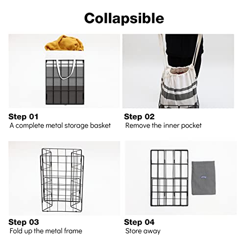 Galmaxs7 Metal Laundry Basket With Removable Bag Wire Laundry Hamper Organizer Farmhouse Heavy Duty Modern Collapsible Hamper With Liner Bag For Bedroom Toys Dorm College Travel, Black White Grey, 75L #TOP3
