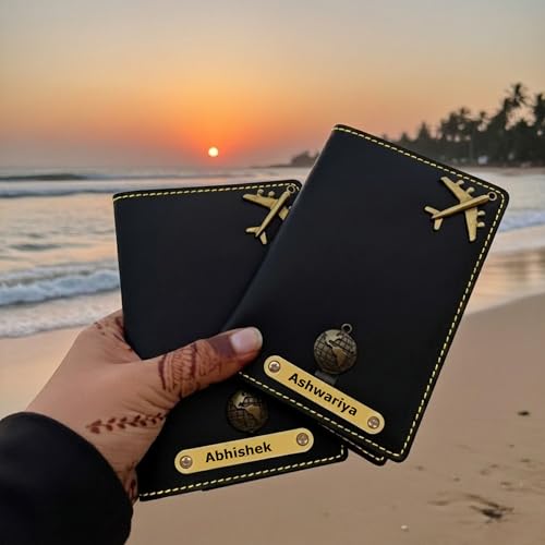 Image of Unisex-Adult Personalised Name & Charm Leather Passport Cover Gift Set for Couple - 2 Pcs | Wedding Anniversary Marriage Gift for Husband Wife, Assorted