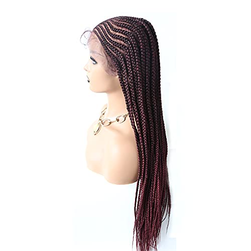 7"X13" Swiss Lace Front Wigs With Baby Hair For Women Cornrow Twist Braided Box Hand Tied 28" Lightweight Synthetic American African Hair (#1B/99Jt Black Mix Wine Red) #TOP5