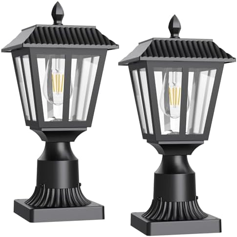 Greluna Solar Post Lamp Lights, 2 Pack 6000K Dusk to Dawn Solar Light with Pier Mount Base, Post Lights Outdoor Waterproof for Garden Yard Landscape Pole Pillar, Outside Decorative Lamp