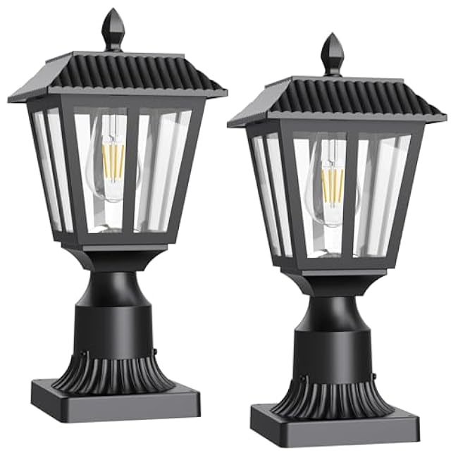 Greluna Solar Post Lamp Lights, 2 Pack 6000K Dusk to Dawn Solar Light with Pier Mount Base, Post Lights Outdoor Waterproof for Garden Yard Landscape Pole Pillar, Outside Decorative Lamp