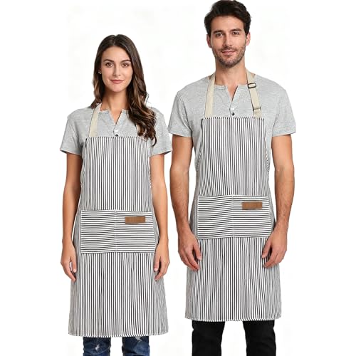 Luoqun88 Unisex Adjustable Black Bib Apron with 2 Pockets, Professional Cooking Kitchen Chef Women Men Aprons with Long Ties for Home Kitchen, Restaurant, Baking Gardening BBQ- Grey, 2pcs