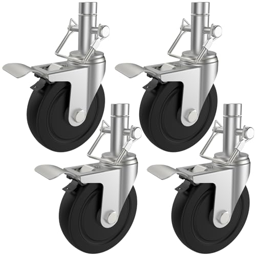 5 Inch Scaffolding Wheels Set of 4, Scaffold Caster with Dual Locking Brakes, Heavy Duty 400LBS Capacity Per Rubber Casters 1 Inch Round Stem Replacement Swivel Caster Wheels for Scaffolding