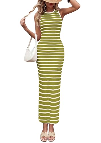 PRETTYGARDEN Sundresses for Women 2026 Summer Striped Knit Side Slit