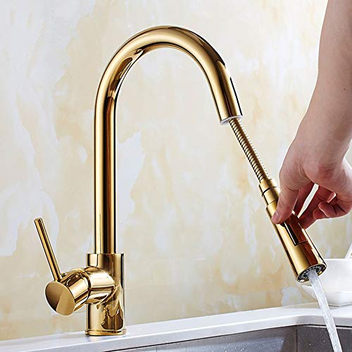 Grifo de cocina extraíble para eliminar salpicaduras con caño doble modo y acabado oro elegante 3