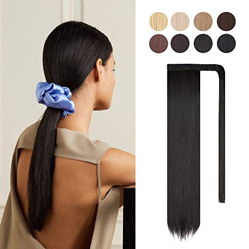 HANYUDIE Ponytail Extension Wrap Around Ponytail Hair Extension for Women 20 Inch Black Brown Long Straight Ponytail Extension Synthetic Clip in Ponytail Hairpiece (Black Brown.)