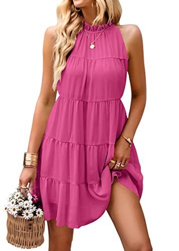 Kirundo Womens Summer Dresses 2023 Casual Halter Sleeveless Flowy Mini Babydoll Tiered Pleated Beach Sundress #TOP8