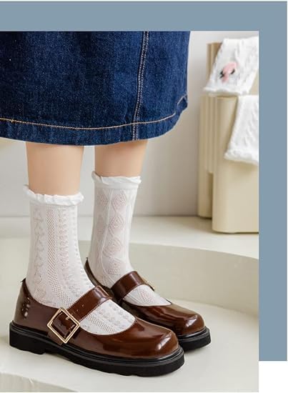 5 Pair Cute Women's Cottagecore Lace Ruffle Ankle Socks - Cable Knit Cotton Coquette Aesthetic Socks3
