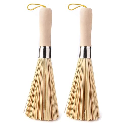 2Pack Traditional Natural Bamboo Wok Brushes, Kitchen Cleaning Brush, Bamboo Kitchen pan Brush, for Cleaning Dishes, Cast Iron Pots, Pans, Vegetables and Sink,Vegetable Brush