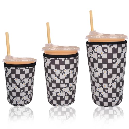 Image of Reusable Insulated Sleeve for Iced Coffee Cup, 3-Pack Coffee Neoprene Drink Sleeve for Cold & Hot Drinks, Beverage Holder for Iced Coffee (Daisy Checker)