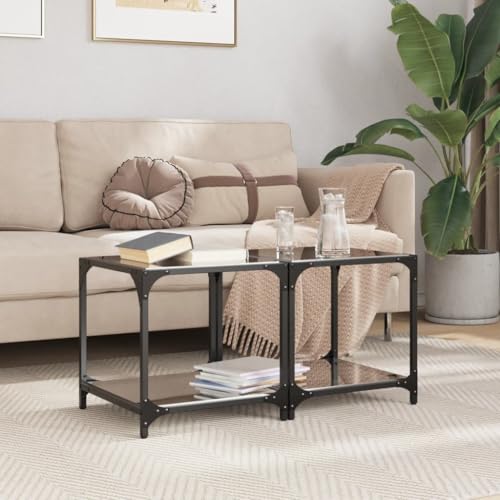 ZQQLVOO Mesas de Centro 2 uds Vidrio Negro y Acero Mesa de Centro Moderna con Estructura Robusta y Superficie Resistente 40x40x40 cm