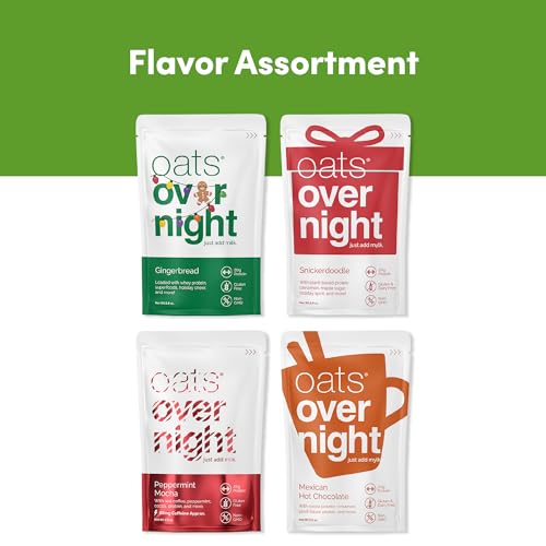 Oats Overnight - Holiday Variety Pack 20g Protein, 5g Fiber Breakfast Shake - Gluten Free, Non GMO Oatmeal Snickerdoodle, Gingerbread, & More (8 Pack + BlenderBottle)