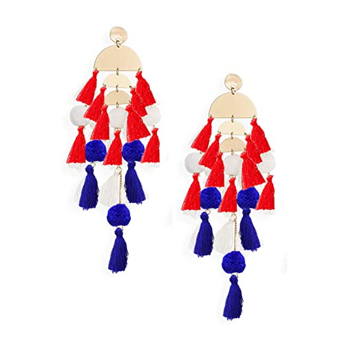 4th of July Earrings Long Tassel American Flag Earrings Patriotic Jewelry Gifts for Women (Red, White and Blue)