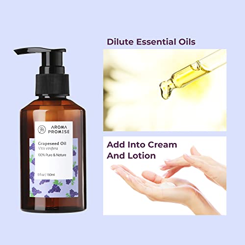 Aroma Promise Grapeseed Oil Natural 150Ml 5Fl.oz Carrier Oil Set - For Skin, Hair Care Anti Aging Moisturizer Body Oils Including Dropper Bottle With Measurements And Facial Rose Water 30Ml #TOP3