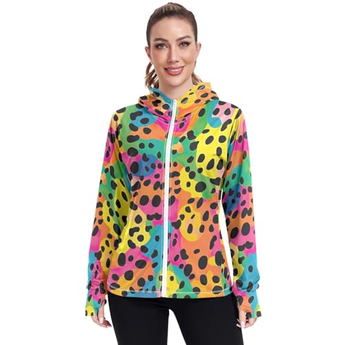 UMIRIKO Colorful Leopard Print Pattern Women's UPF 50+ Sun Protection Jacket Hoodie Rash Guard Shirt with Pockets M 202a3470