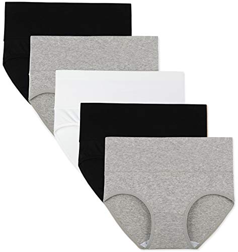 Image of INNERSY Women's High Cut Solid Color Tummy Control Cotton Underpants Briefs 5 Pack (Black-White-Gray, L)