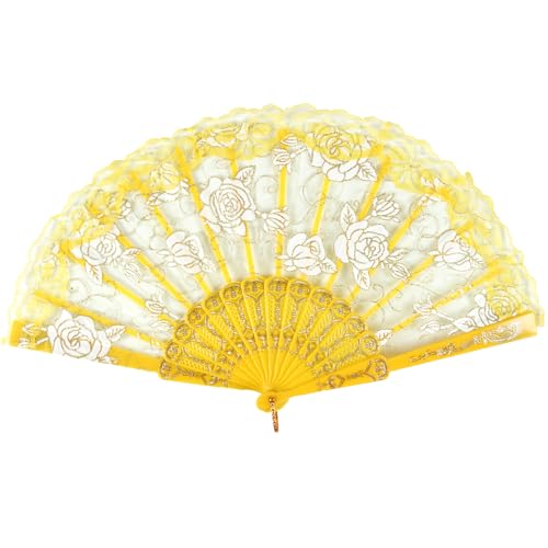 TRENDBOX Elegant Vintage Retro Flower Rose Lace Handheld Chinese Folding Fan For Dancing Ball Parties Ladies - Lemon