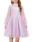 Arshiner Pink Dress for Girls Tutu Long Sleeve Birthday Party Fairy Tulle DressesRainbow Size 10-12