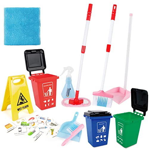 deAO Set de Limpieza Juguete Niños,Cubo Basura Juguete, Escoba,fregona con Cubo,recogedor,Botella de Spray,Juguetes de Hogar,Juguetes Regalo para niños y niñas de 3 años y más, Juguete Montessori