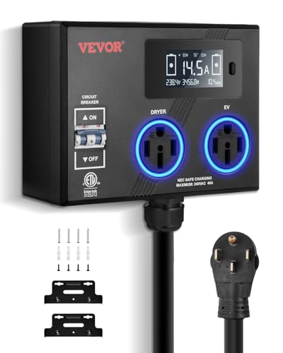 VEVOR NEMA Splitter for Dryer and EV 3-Color LED Indicator 240V Smart Power Distribution with NEMA 14-50 Plug Two NEMA 14-50 Outlets 3.4 in LCD Screen Max 40A Dryer EV Tested to ETL Standard