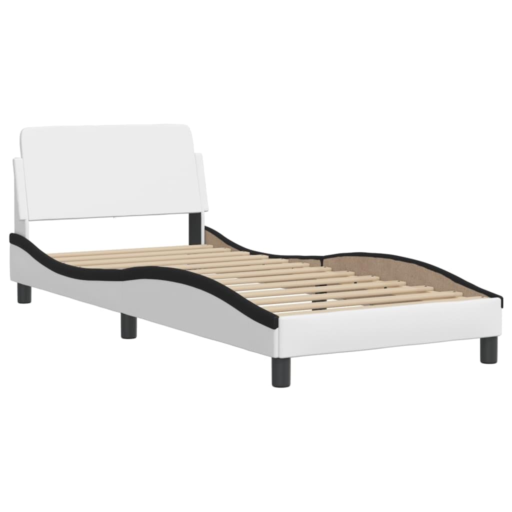 Bettgestell Dover, 90x200 cm, Kunstleder Weiß Schwarz, Wellenform, stabil, modernes Schlafzimmer Möbel, Platform Bettrahmen mit Kopfteil
