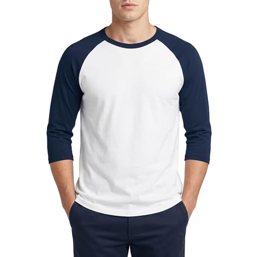 Image of Men's Raglan Baseball Tee Shirt - Casual T-Shirts, 3/4 - Navy/White, XL