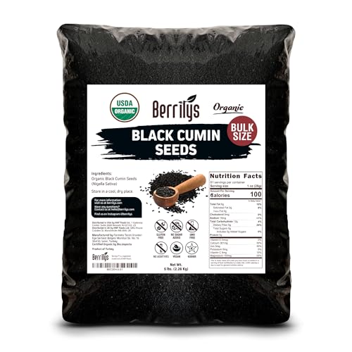 Black Cumin Seeds, Organic, Berrilys, 5 LB, Also Known As Nigella Sativa, Kalonji, Black Seed, Great for Baking, Cooking and Bread Making, Vegan, Keto Diet