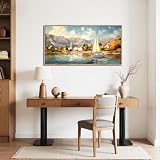 SERIMINO Obraz ścienny nadmorska miejscowość 73 x 146 cm, świeży styl, żaglówka i góry, obrazy ścienne, krajobraz dekoracyjny do salonu, sypialni i wakacyjnej atmosfery pomieszczeń mieszkalnych
