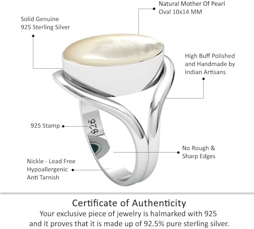 JEWELOPORIUM White Mother Of Pearl Silver Ring Size 8, 925 Sterling Silver Ring for Women, Genuine Oval Stone Handmade Jewelry - 3