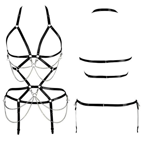 Women's Full Body Harness Bra Garter Set Lingerie Cage Punk Gothic Belt Festival Rave Body Chain Stretchy Fabric (Black) #TOP1