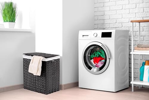 Seville Classics Premium Handwoven Portable Laundry Bin Basket with Carrying Handles, Household Storage for Clothes, Linens, Sheets, Black, Rectangular Hamper