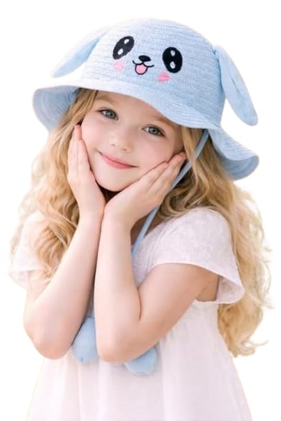 Image of FabSeasons Kids Cute Straw Sun Hat with Moving Ears (Ages 4-8 Years) | UV Protection, Wide Brim, Foldable, Beach Bucket Cap | Girls & Boys Breathable Summer Sun Hat with Inner Adjustable String